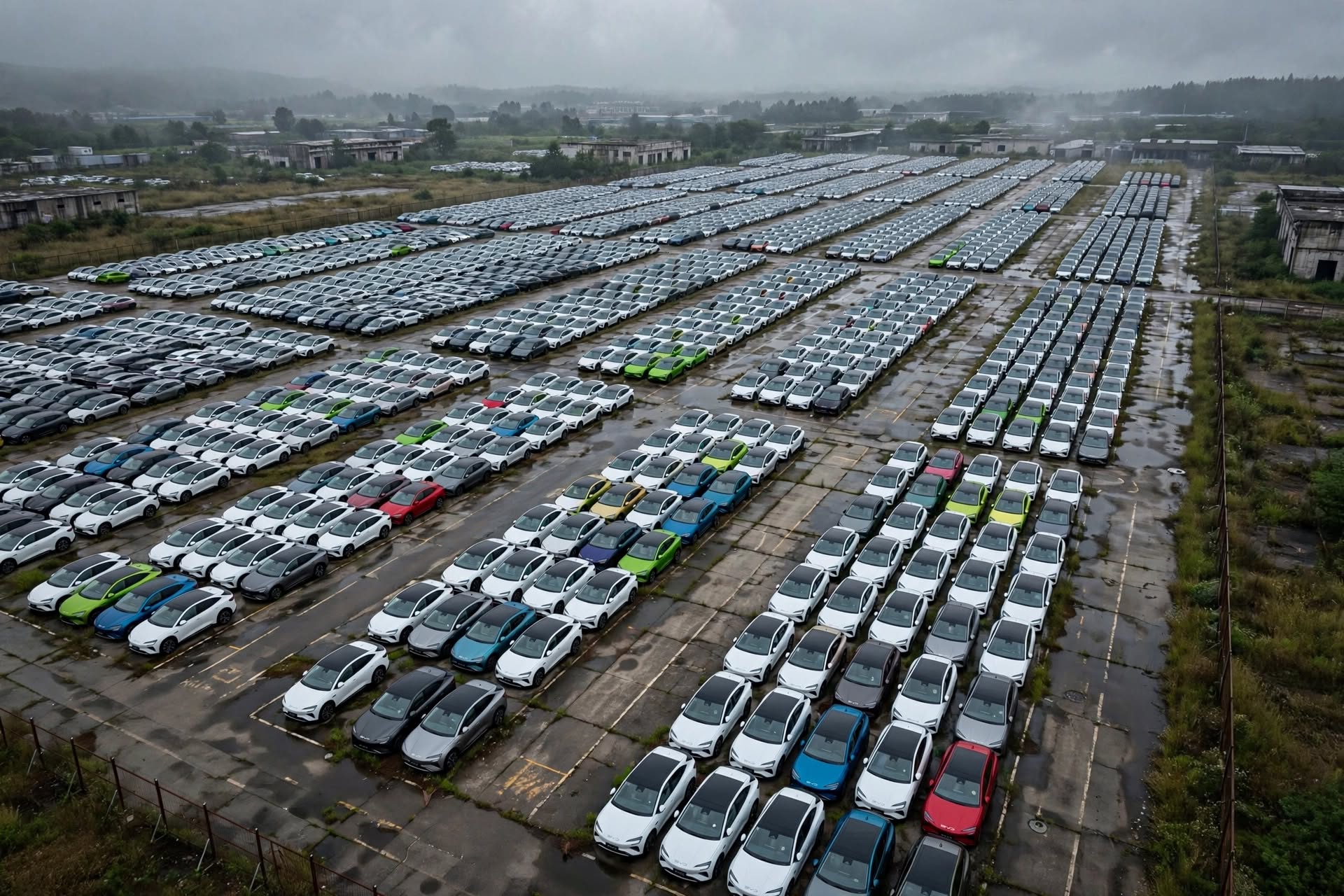 Imagem aérea com centenas de carros BYD para entrega