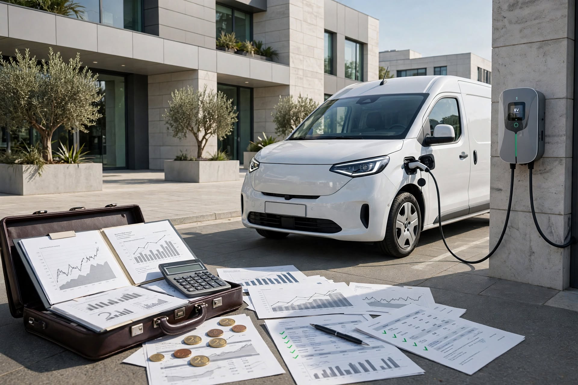 um carro de carga eletrico a carregar no parque da empresa. documentos espalhados pelo chão.