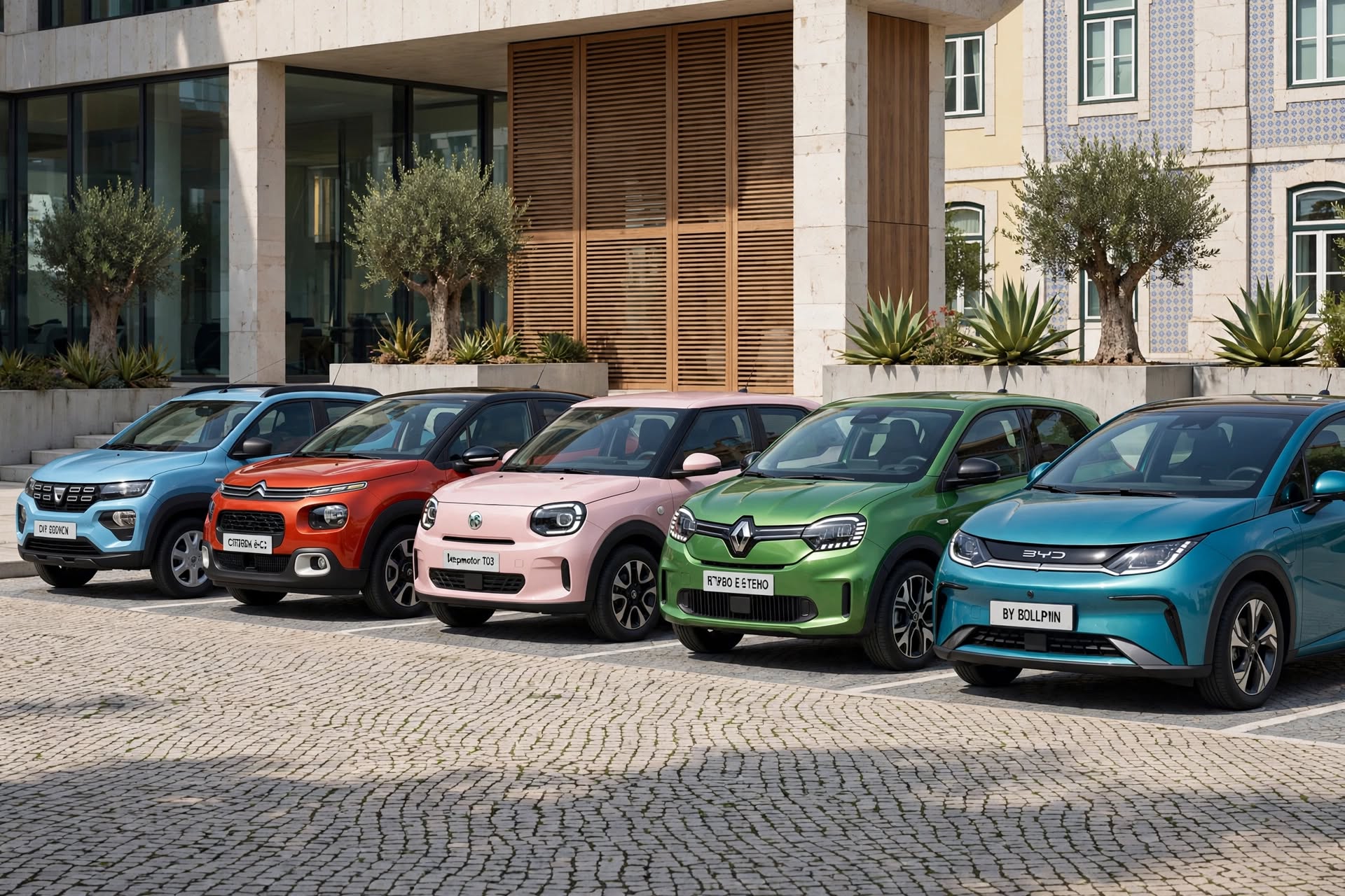 cinco carros eletricos dispostos lado a lado